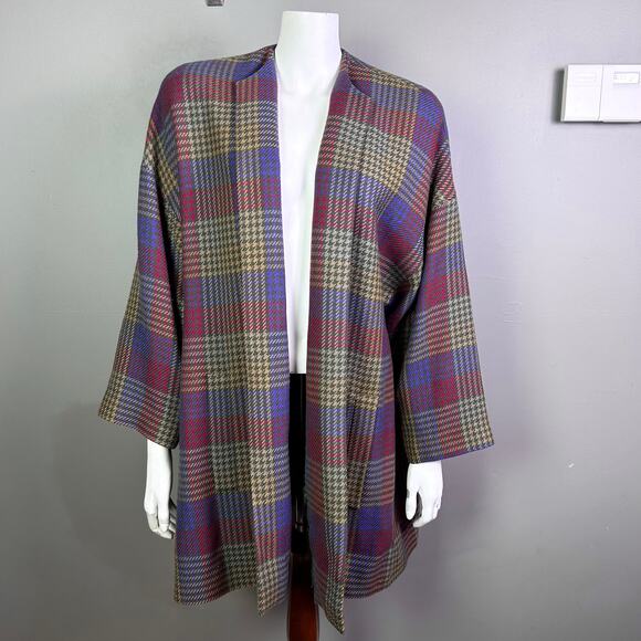 Jun Ashida Paris coat medium plaid houndstooth colorful wool oversized shawl - Picture 5 of 11